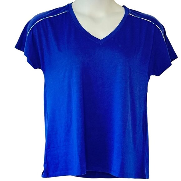 Natori Tee Shirt NWT V-Neck with Cap Sleeve Royal Blue with Pink Multi Piping  M - Picture 1 of 6